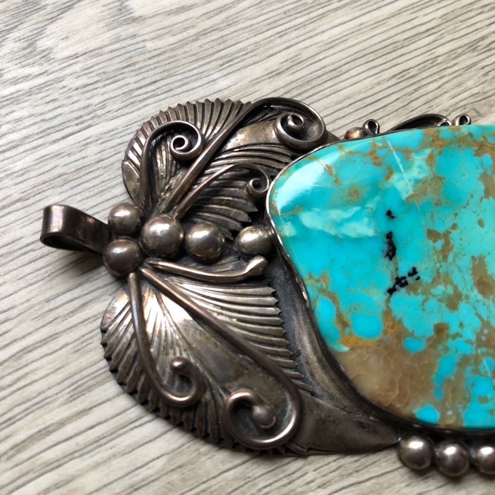 HUGE Vintage Navajo Kingman Turquoise 925 Sterling Silver Pendant Statemnt Piece - Picture 11 of 17